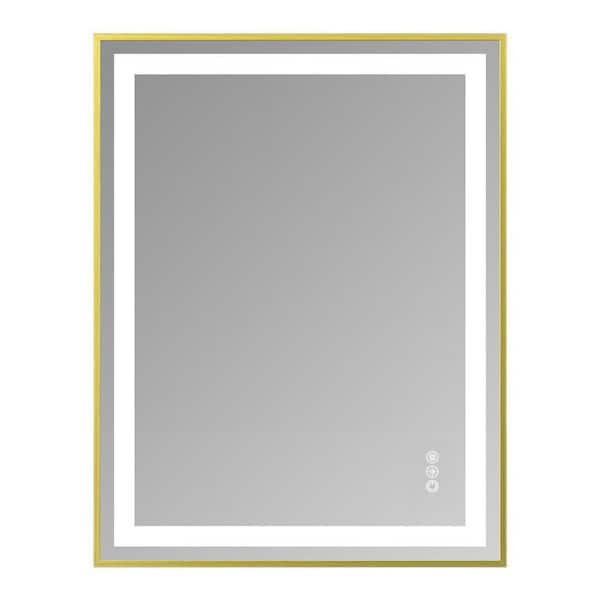 28 in. W x 36 in. H Rectangular Gold Bathroom Vanity Mirror with Dual LED Light Strips Front and Back Lighting