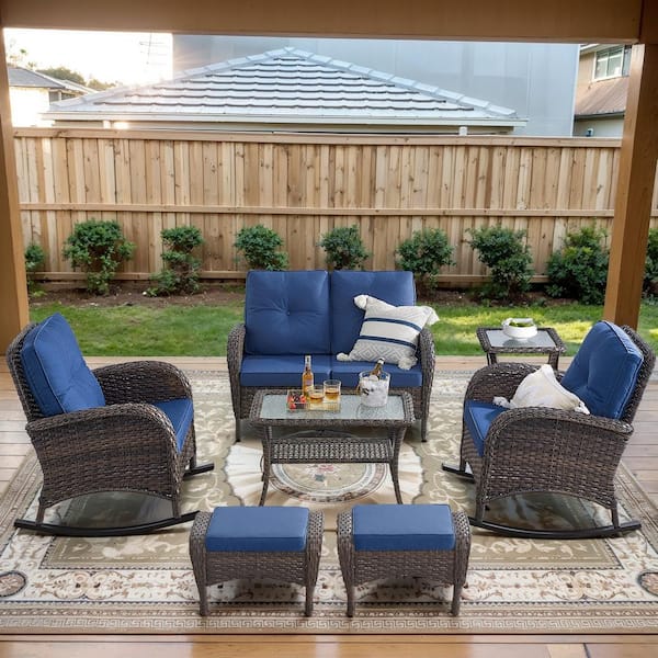 Opohoro Brown 7-Piece Wicker Patio Conversation Set with Rocking Chairs, Outdoor Loveseat Seating Set with Navy Blue Cushions