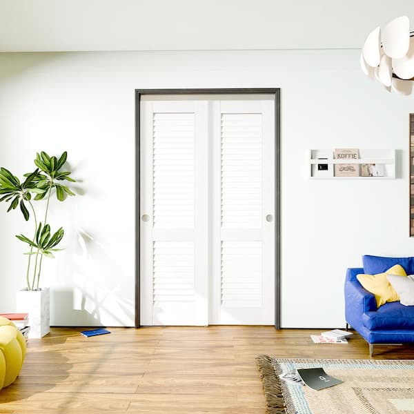 48 in. x 80 in. (Double 24 in.) Louvered MDF Wood, White Primed, Painted Pre-Finished Interior Door with Bypass Hardware