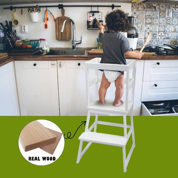 Kids Kitchen Step Stool Wooden Learning Toddler Tower w/ Safety Rail White USA 