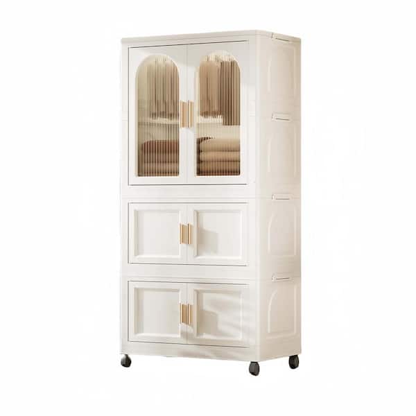 COWLOWN 25.59 in. W x 15.75 in. D x 57.09 in. H Cream White Folding Linen Cabinet with Magnetic Door, Wheels