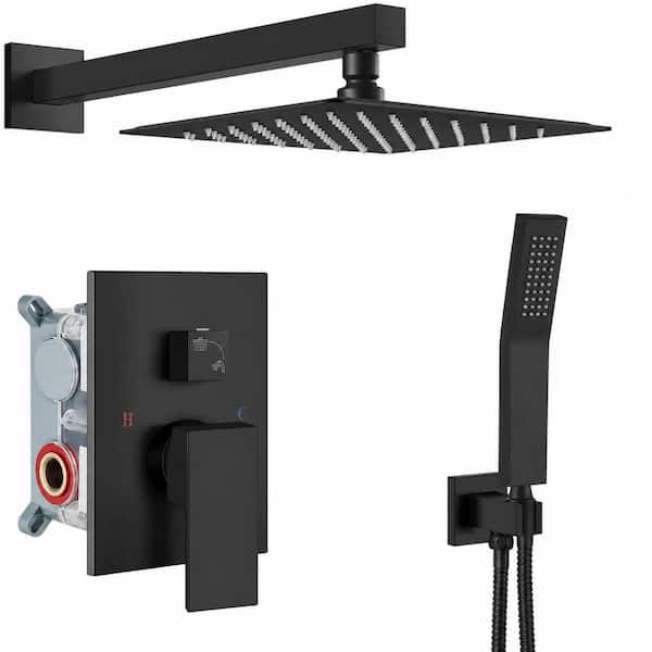 1 Set 8 in. Shower Faucet Set with Rain Shower Head and Handheld Spray in Matte Black with Rough-in Valve Included