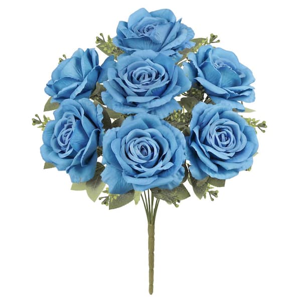 LIVING LUXURY 17 in. Deluxe Blue Artificial Elegant Rose Flower Stem Bush Bouquet (Set of 2)