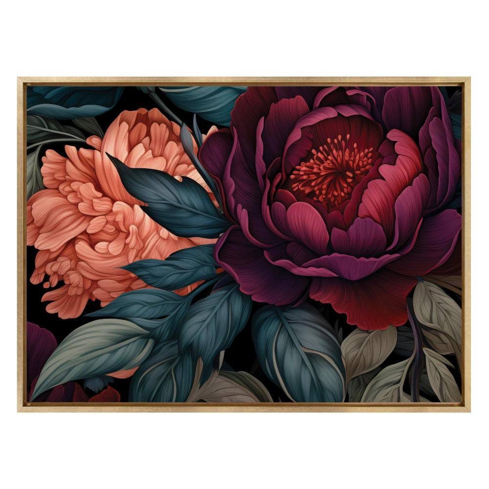Dark Academia Floral Jewel Tones Canvas Print with Gold Frame