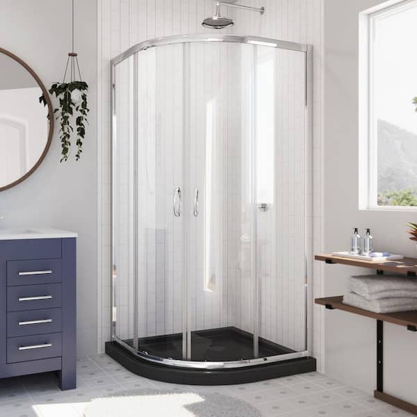 DreamLine Prime 36 in. x 36 in. x 74.75 in. H  Semi-Frameless Sliding Corner Shower Kit in Chrome with Shower Base in Black