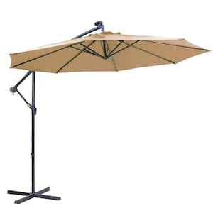 10 ft. Solar LED Patio Outdoor Umbrella Hanging Cantilever Umbrella Offset Umbrella Easy Open Adustment in Brown