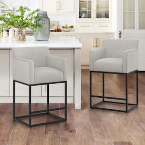 Luna 26 in. Gray Fabric Upholstered Counter Bar Stool with Black Metal Frame Square Counter Stool Set of 2