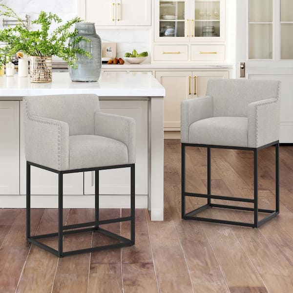 LUE BONA Luna 26 in. Gray Fabric Upholstered Counter Bar Stool with Black Metal Frame Square Counter Stool Set of 2
