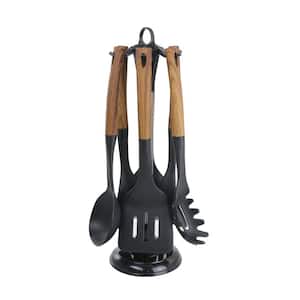 Black Nylon Cooking Utensils with Wood Design (Set of 7)