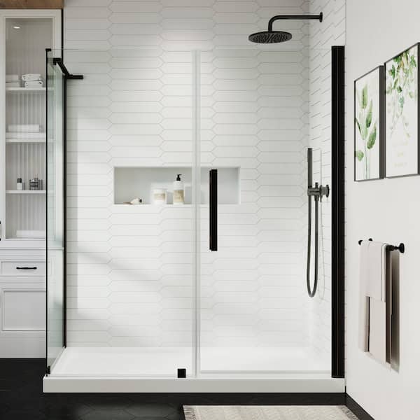 OVE Decors Pasadena 60 in. L x 32 in. W x 75 in. H Corner Shower Kit with Pivot Frameless Shower Door in ORB and Shower Pan