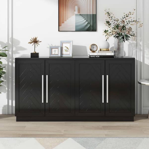Black MDF Buffet Cabinet with Adjustable Shelves and Silver Handles