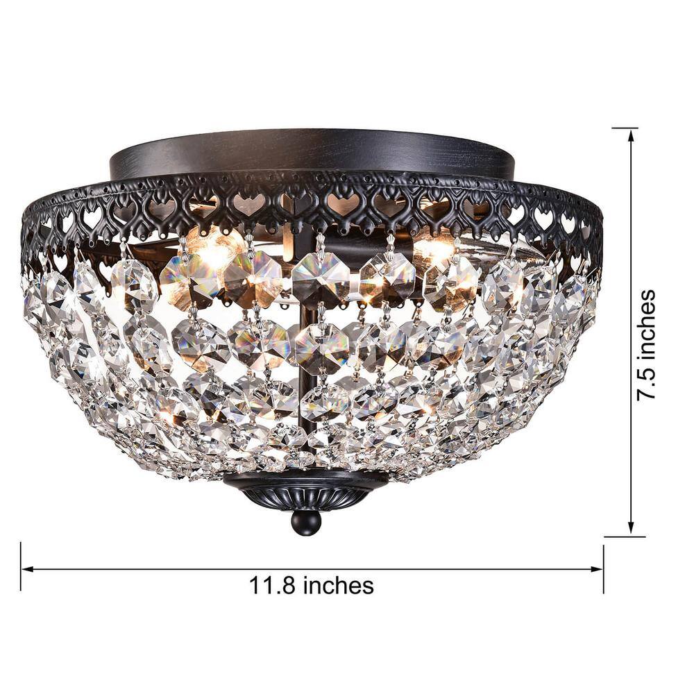 Antique Bronze and Crystal Flush Mount Chandelier