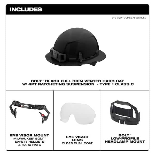 BOLT Black Type 1 Class C Full Brim Vented Hard Hat with 4-Point Ratcheting Suspension with Dual Coat Lens Eye Visor