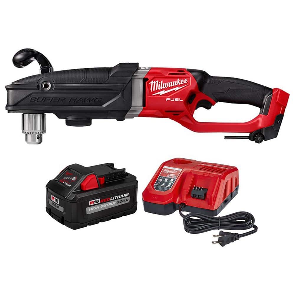 Milwaukee M18 FUEL 18V Lithium-Ion Brushless Cordless GEN 2 SUPER HAWG 1/2 in. Right Angle Drill with 8.0 Ah Battery & Charger -  2809-20-48-59