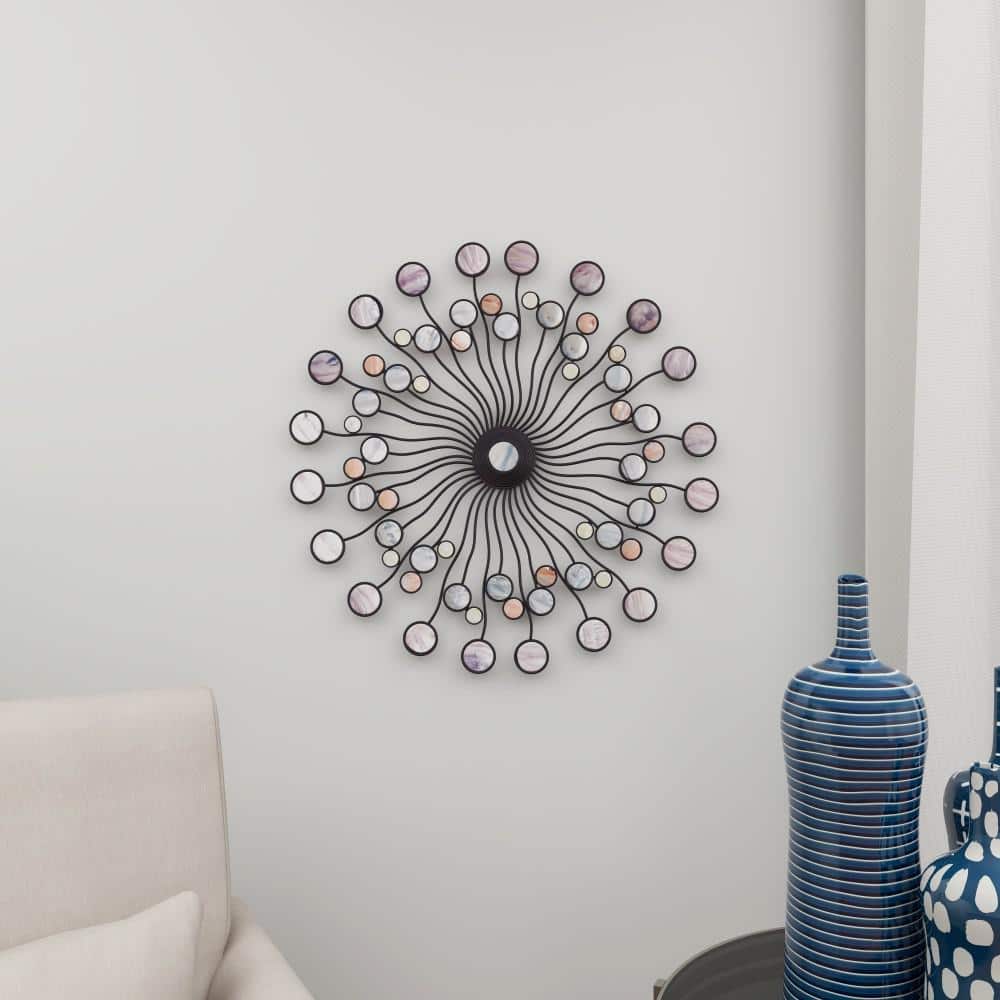 Multi-Colored Iron Sunburst Wall Sculpture with Marble Accents