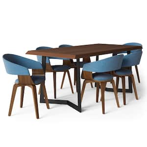 Lowell Modern Industrial 7-Piece Dining Set with 6 Upholstered Dining Chair in Blue Linen Look Fabric and 72 in. W Table