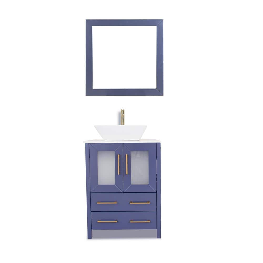 Vanity Art Ravenna 24 in. W x 18.5 in. D x 31.1 in. H Single Basin Bathroom Vanity in Blue with White Top in Quartz and Mirror