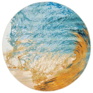 Barbados Blue/Gold 5 ft. x 5 ft. Round Gradient Waves Indoor/Outdoor Area Rug