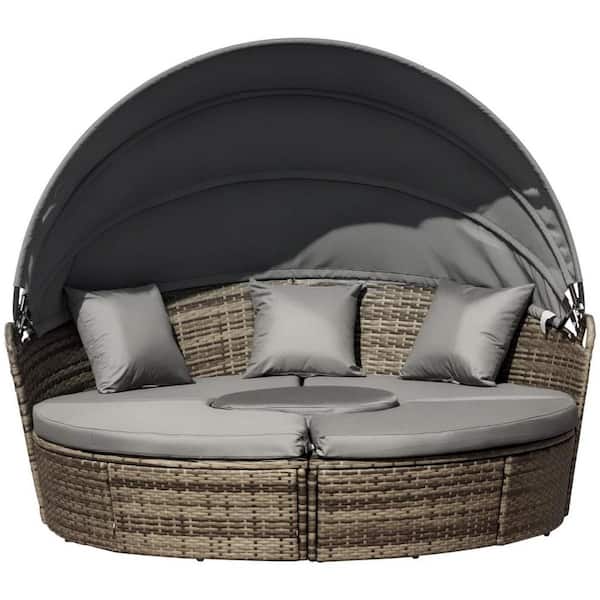 4-Piece Wicker Outdoor Day Bed with Gray Cushions and Retractable Canopy, Convertible Patio Furniture Set