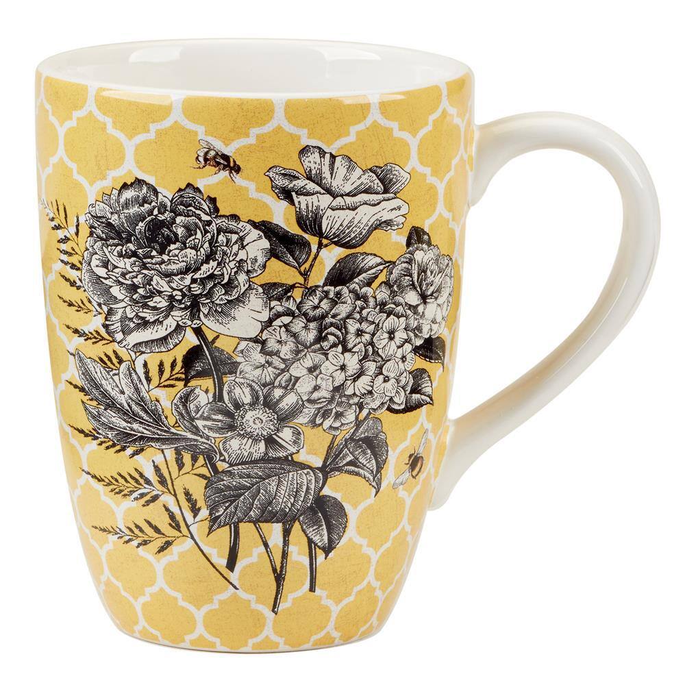 French Bees Yellow and White Ceramic 20 oz. Mugs, Set of 4