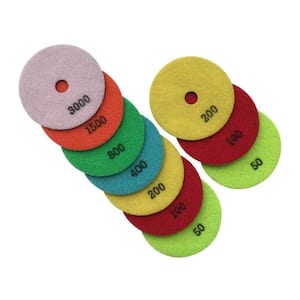 4 in. Dry Diamond Polishing Pad Set for Stone and Concrete, #50 (2), #100 (2), #200 (2), #400, #800, #1500, #3000 Grit