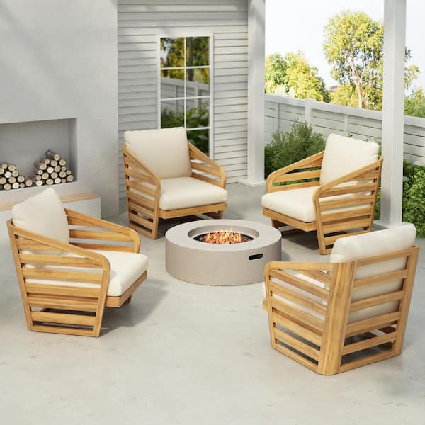 Venteb Teak Finish Solid Wood Patio Outdoor Lounge Chair with Beige Cushion, Slat Back, Set of 4