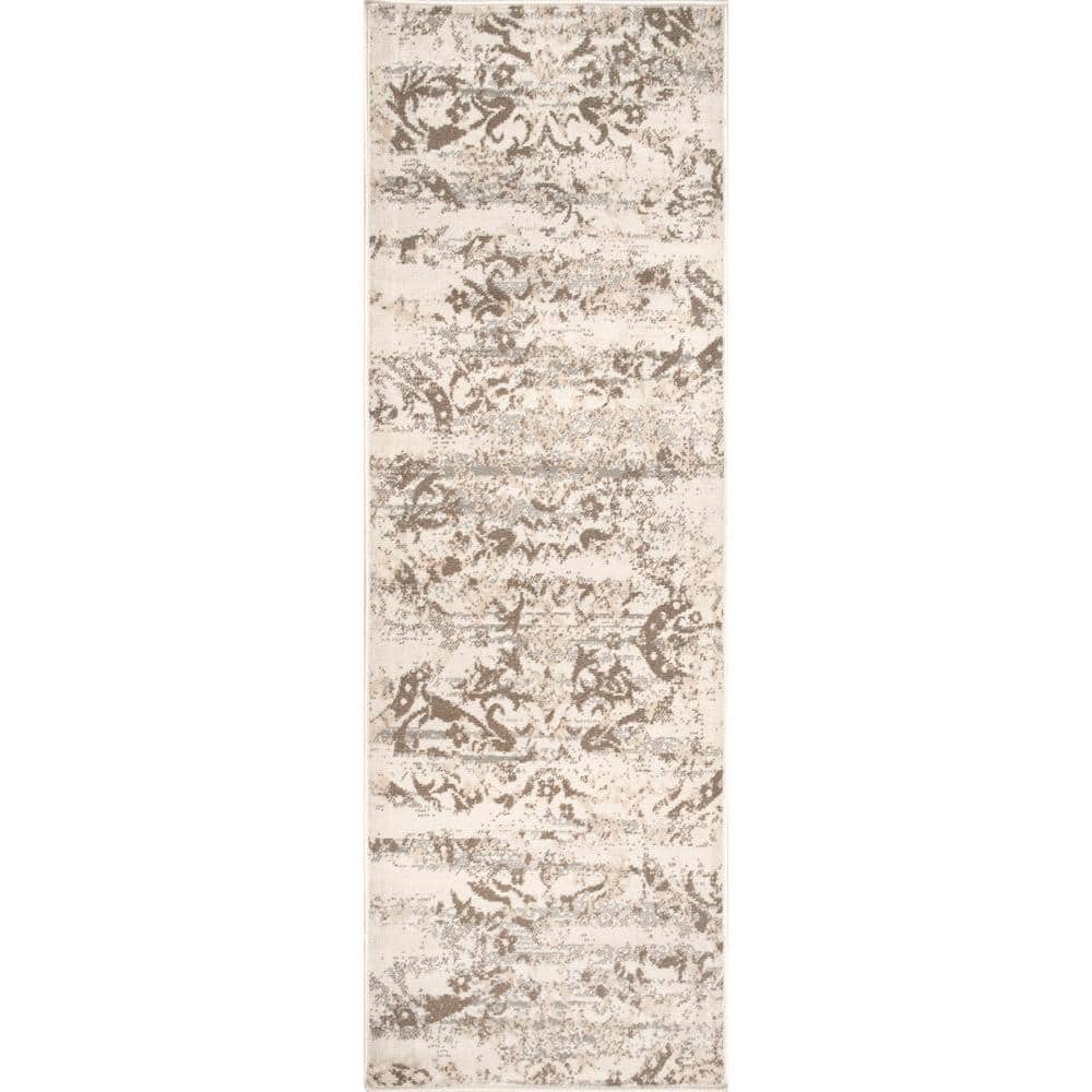 Beige Floral Synthetic Reversible Washable Runner Rug