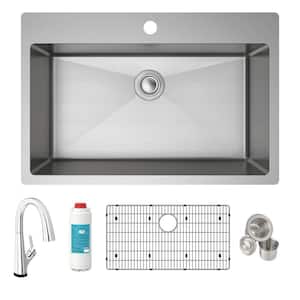 Crosstown 18-Gauge Stainless Steel 33 in. Single-Bowl Drop-In/Undermount Kitchen Sink w/ Filtered Faucet and Accessories