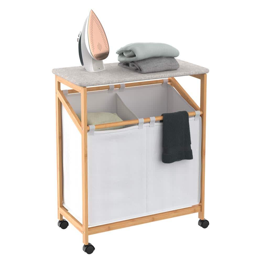 Natural Bamboo Dual Compartment Laundry Hamper with Ironing Board