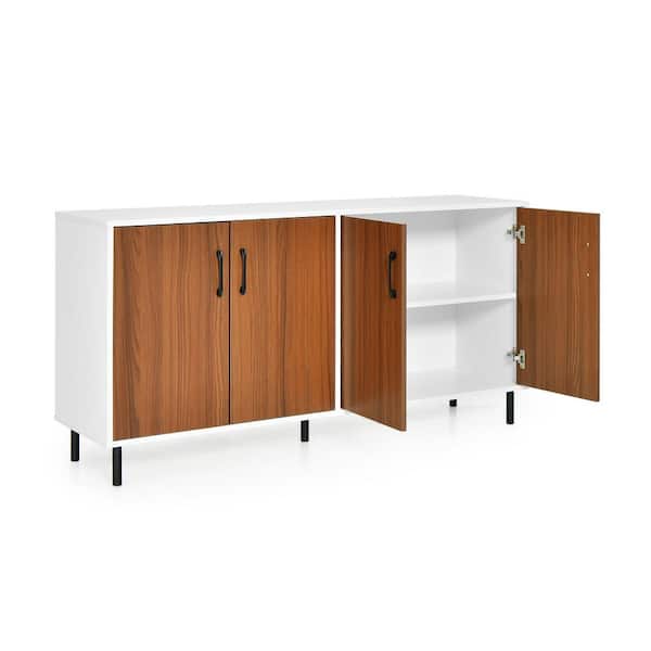 Costway White and Walnut Wood 58 in. Buffet Server Sideboard Kitchen Storage Cabinet Cupboard with Shelves and 4 Doors