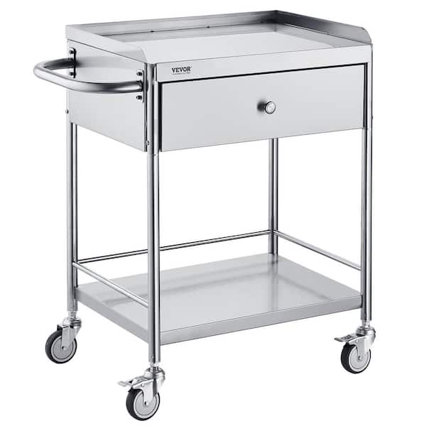 VEVOR Medical Cart 2-Layer Stainless Steel Serving Cart 220 lbs. Weight Capacity with 360° Silent Wheels and a Drawer