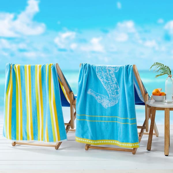 Seahorse Blue / Yellow 2-Pack 100% Cotton Printed Beach Towel