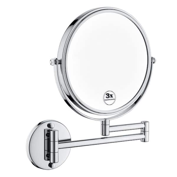 FUNKOL 16.93 in. W x 13.39 in. H Round LED Stainless Steel 2-Sided 1 x 3 x Magnifying Wall Mount Bathroom Makeup Mirror, Chrome