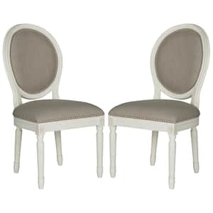 Holloway Light Gray/Cream 19 in. H French Brasserie Linen Oval Side Chair with Silver Nail Heads