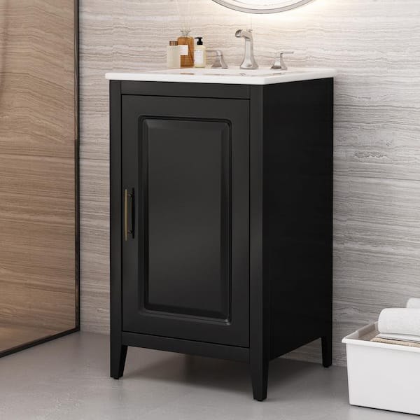 Lark 20.3 in. Modern Bathroom Black Bath Vanity with White Ceramic Top Sink, Drawer, Shelf, Cabinet, Acacia Wood, MDF