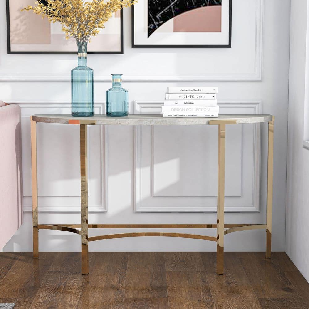 Champagne Gold Metal Half-Circle Console Table with Faux Marble Top