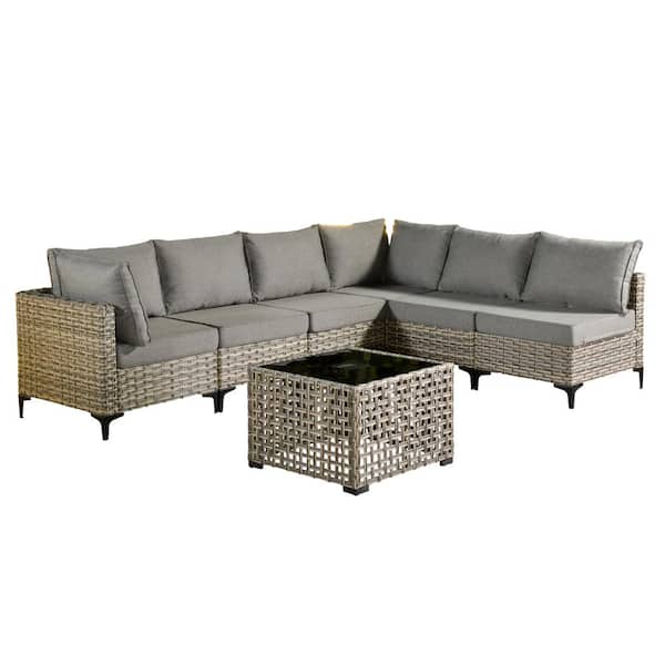 Holston 7-Piece Wicker Modern Outdoor Patio Conversation Sofa Sectional Set with a LED Table and Dark Grey Cushions