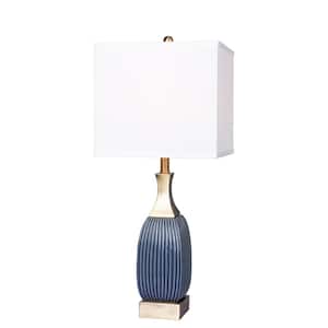 26.5 in. Blue Ceramic and Antique Brass Vertically Ribbed Table Lamp