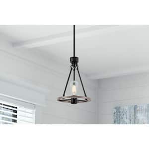 Stratton 1-Light Black and Woodgrain Mini Pendant, Industrial Farmhouse Hanging Light, Kitchen Pendant Lighting