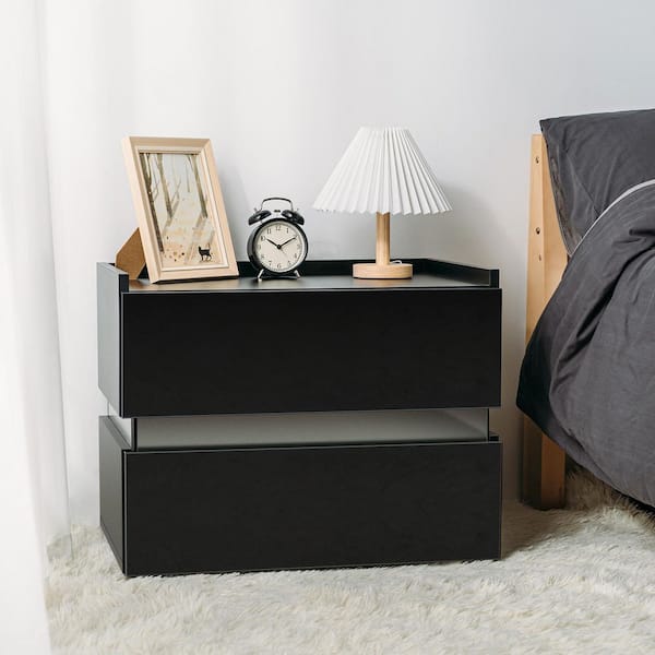 Hommpa LED 2-Drawer Black Top Edge Nightstand 18.7 in. H x 23.62 in. W x 15.35 in. D