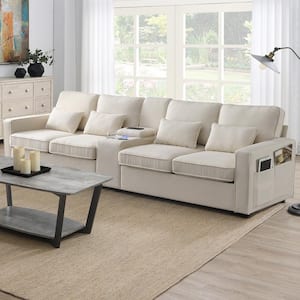 114.2 in. W Square Arm Linen Rectangle Sofa in. Beige with Console, 2-Cup Holders, Wired and Wireless Charging