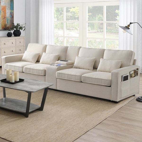 Harper & Bright Designs 114.2 in. W Square Arm Linen Rectangle Sofa in. Beige with Console, 2-Cup Holders, Wired and Wireless Charging