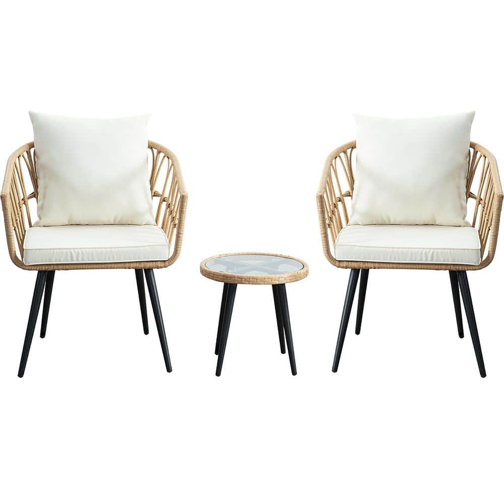 3-Piece Light Brown PE Wicker Outdoor Lounge Chair Chat Set with Beige Cushions and Glass Side Table price history on PriceWatchPro