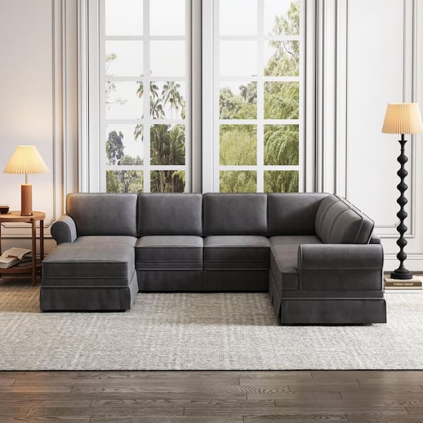 Harper & Bright Designs 109 in. Rolled Arm 7-Piece Linen Modular Sectional Sofa in Gray with Removable Covers