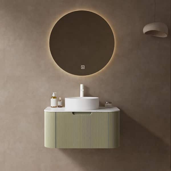 Zeus & Ruta 30 in. W Floating Single Sink Bath Vanity in Light Green with White Artificial Marble Top and Drawer, Pre-assembled