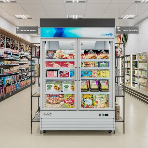 Modern commercial display fridge. Supermarket freezer equipment