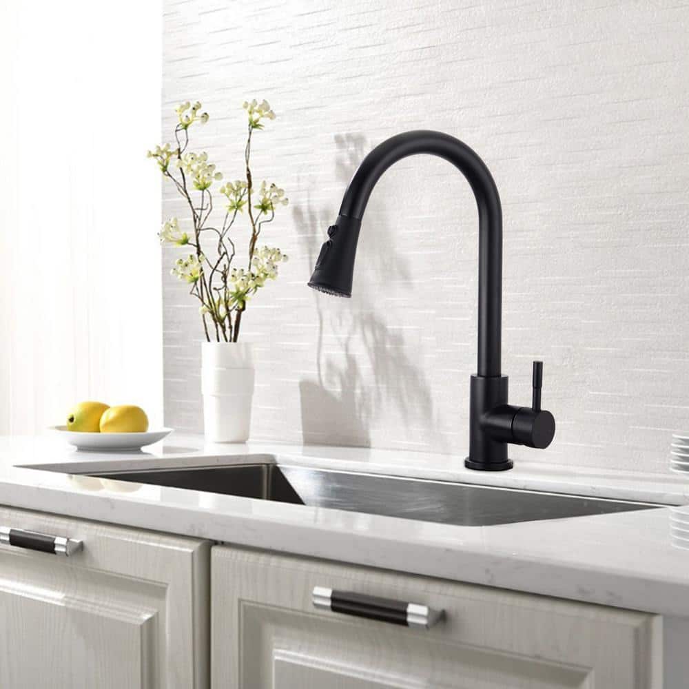 Matte Black Stainless Steel Single-Handle Pull-Down Kitchen Faucet