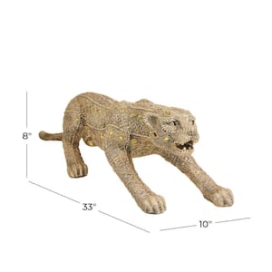 Gold Polystone Carved Encrusted Beading Leopard Sculpture with Diamond Shaped Mirrored Accent