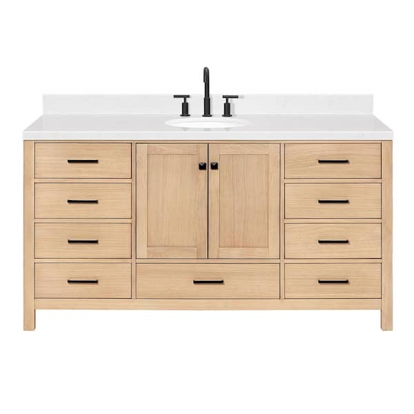 Cambridge 66 in. W x 22 in. D x 36 in. H Single Oval Sink Bath Vanity in Oak with Carrara White Quartz Top