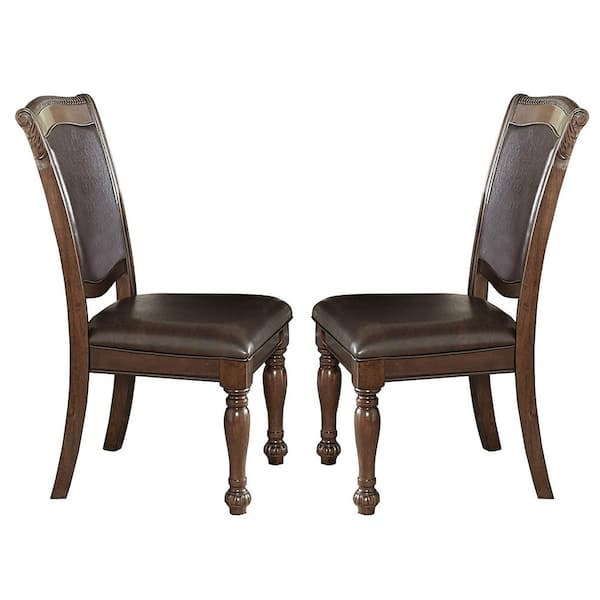 Benjara Brown Wooden and Leather Dining Side Chair (Set of 2)